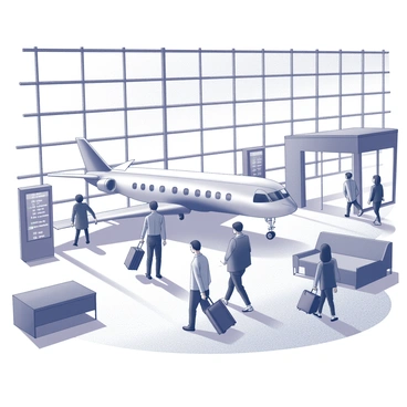 The interior of an airport terminal is bustling with activity. Several passengers are seen walking through the spacious hall, each carrying luggage or bags. Some are approaching a bright and modern electric plane that is clearly visible through large windows. The plane is sleek and futuristic, with its wings spread in readiness for takeoff. Nearby, a digital flight information display shows various departure times. Comfortable seating areas are scattered throughout the terminal, and a few travelers are seated, waiting for their flights. The atmosphere reflects a sense of anticipation and excitement as people prepare for their journeys.