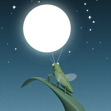 A green grasshopper, with long antennae and intricate wings, is sitting on a blade of grass. It is gazing up at a large, bright full moon, which illuminates the night sky. The moon is surrounded by a scattering of twinkling stars. The night sky is deep blue and clear, without any clouds obstructing the view. The grasshopper's eyes reflect the moonlight, creating a sense of wonder in the scene.