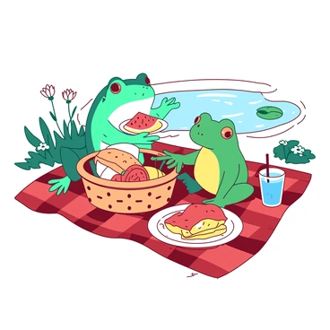 A teal frog and a green toad are sitting on a red and white checkered picnic blanket. They are surrounded by picnic items, including a basket filled with assorted fruits and sandwiches. The frog is holding a small yellow plate with a slice of watermelon, while the toad is reaching for a blue drink with a straw. In the background, there is a white pond with lily pads floating on the surface, and a few small white flowers growing at the water's edge. The atmosphere is lively as the sun casts bright reflections on the pond.