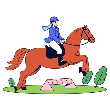 An equestrian in a fitted riding outfit is mounted on a majestic horse that has a shiny chestnut coat. The horse is mid-leap, its powerful legs extended as it clears a wooden hurdle placed in a grassy field. The rider's expression is focused and determined as they lean slightly forward in the saddle. The background features a few scattered trees and a clear blue sky.