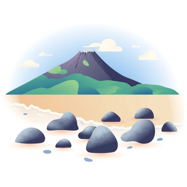 A collection of rough-textured pumice stones in various shades of gray and brown is scattered across a sandy beach. The beach sand is light tan and has small, smooth pebbles mixed in. In the background, a volcano rises majestically, its slopes covered in dark volcanic rock and patches of green vegetation. The sky above is clear with a few scattered clouds, and the sunlight casts gentle shadows on the pumice stones. Small waves are lapping at the shore, creating a serene atmosphere.