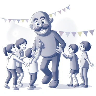 A cheerful mascot with a giant mustache is interacting with children at a community event. The mascot is smiling broadly, showcasing its large, exaggerated mustache. Several children are gathered around, looking excited and engaged. One child is reaching out to touch the mascot's mustache while another is laughing. The background features colorful banners and decorations typical of a community gathering. The scene captures the joy and liveliness of the event.