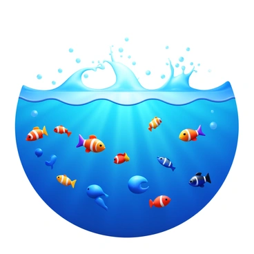 A chaotic scene featuring various species of fish feeding on the ocean surface. Schools of colorful fish, including clownfish and angelfish, are darting energetically. Waves are splashing as fish break the surface to grab food. Sunlight glimmers on the water, creating highlights that enhance the vibrancy of the fish scales. Bubbles are rising from the feeding frenzy, adding to the dynamic atmosphere of the scene.