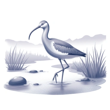 A vibrant watercolor painting of a curlew standing in a shallow stream