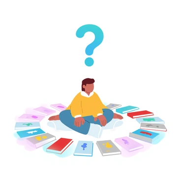 A child sitting on the floor surrounded by colorful books with various illustrations on the covers. The books are spread out in a semi-circle around the child, showcasing a variety of colors like red, blue, yellow, and green. The child is wearing a bright sweater and has both hands resting on the floor. Above the child, a large question mark shape is visible, emphasizing the feeling of curiosity and puzzlement.