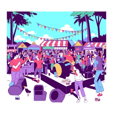 A vibrant crowd is gathered at an outdoor music festival, with people of all ages dancing energetically under a clear blue sky. Colorful banners are strung between tall trees, adding to the festive atmosphere. On a large stage at the front, a band is performing energetically, with the lead singer wearing a bright red t-shirt. The audience is holding drinks and waving their arms in the air, some wearing sunglasses and hats to shield themselves from the sun. In the background, food stalls are visible, with patrons enjoying various snacks. The overall scene conveys a sense of joy and celebration.