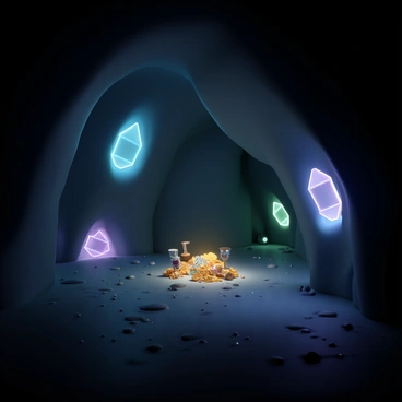 A dark, cavernous cave illuminated by an array of "glowing crystals" in various colors, including blue, green, and purple. The crystals are embedded in the rocky walls, casting shimmering reflections on the surfaces around them. In the center of the cave, there is a pile of "hidden treasures," including gold coins, ornate goblets, and sparkling jewels. The ground is uneven, with patches of "smooth stone" and scattered "shimmering minerals." A soft, ethereal light emanates from the crystals, creating an enchanting atmosphere within the cave.