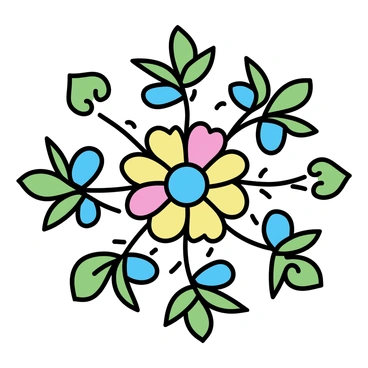 A symmetrical mandala design featuring a variety of flower petals arranged in intricate patterns. The petals have different colors including red, yellow, and blue, creating a vibrant composition. Surrounding the petals are numerous green leaves, arranged around the design to enhance the floral theme. The mandala is circular in shape, with each section reflecting the others, emphasizing the symmetry of the overall design.