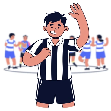 A kabaddi referee is standing in the center of the play area. The referee is wearing a black and white striped shirt and black shorts. The referee has a whistle held in their mouth and is raising one hand with the palm facing outward to signal a call. The background shows a blurred view of the kabaddi court with players in action. The referee's expression is focused and authoritative.