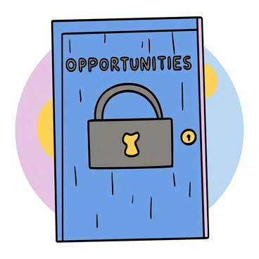 A large gray padlock hanging on a wooden door labeled "Opportunities" in bold, capital letters. The padlock is shiny, with a sturdy design, and has a keyhole shaped like the male symbol. The door is painted a bright blue, with a textured surface that shows wood grain. The background features soft, blurred colors, suggesting a light environment.