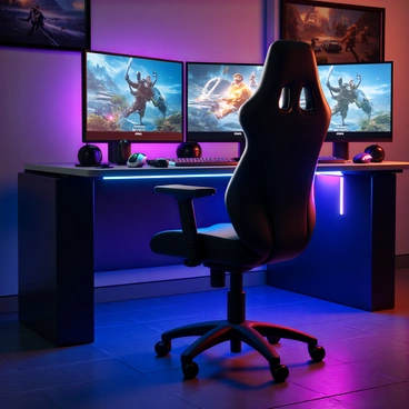 A high-tech gaming office chair with a sleek design, featuring adjustable armrests and a curved backrest for ergonomic support. The chair is upholstered in black synthetic leather and has contrasting neon blue LED lighting along the edges. The gaming room is equipped with multiple monitors displaying colorful game graphics, and there are gaming accessories scattered on the desk. The walls are adorned with posters of popular video games, and a gaming headset is resting on the chair's headrest. A RGB gaming keyboard and mouse sit on the desk, glowing with vibrant colors.
