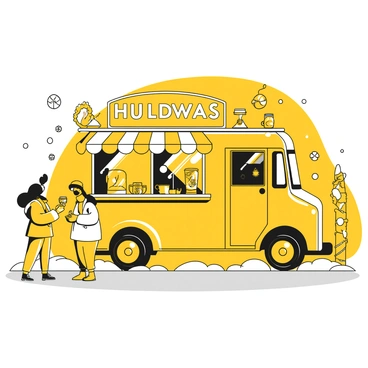 A food truck with a bright yellow exterior, parked on a snowy street. Icicles hang from the roof of the truck, glistening in the light. The truck has large windows displaying an array of warm holiday beverages like hot chocolate, cider, and coffee. There are festive decorations surrounding the truck, including garlands and lights. A few customers, bundled up in winter clothing, are standing in front of the truck, holding steaming cups with smiles on their faces. Flurries of snow are gently falling around the scene.