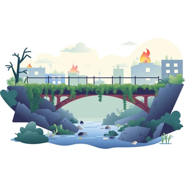 A deserted and overgrown bridge in a post-apocalyptic setting, with smoldering ruins
