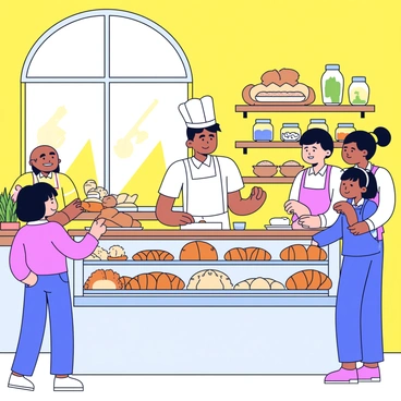 A boulanger working alongside family members in a warm and welcoming bakery