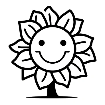A sunflower with a smiling face in the center, featuring distinct petals surrounding the face.