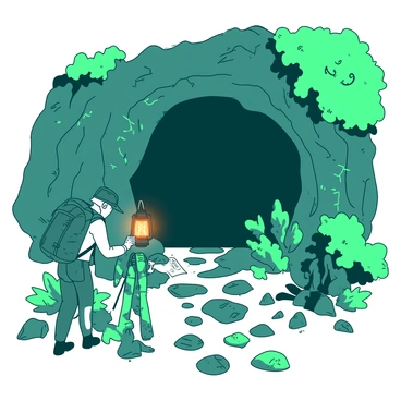A winding path cuts through dense, lush greenery leading to the entrance of a dark, shadowy cave. The cave's mouth is large and inviting, framed by rugged stone and vines clinging to the sides. In the foreground, two explorers are preparing to enter the cave. One explorer is adjusting a bright orange lantern, while the other is checking a map. Both are dressed in sturdy hiking gear, with backpacks filled with supplies. Surrounding them are various rocks and small plants, creating a sense of adventure and anticipation.