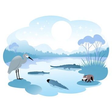 A moonlit scene in the Everglades showcases a wide expanse of water reflecting the light of the full moon. Tall grasses sway gently in the soft breeze, their silhouettes casting shadows on the water's surface. A heron stands poised at the water's edge, its elegant form highlighted by the moonlight. In the background, a pair of alligators can be seen gliding silently through the water, their dark shapes partially submerged. A raccoon is nearby, rummaging through some brush, its fur slightly glistening under the moonlight. Distant trees with Spanish moss create a textured backdrop against the shimmering night sky filled with stars.