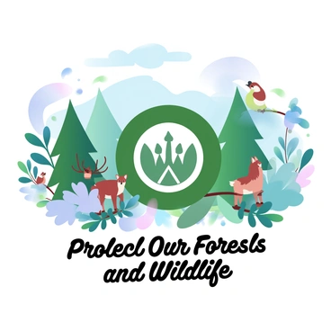 A large poster featuring a lush green forest with tall trees and an array of vibrant plants. In the foreground, a stylized symbol representing the government initiative appears, surrounded by various wildlife such as a deer, a fox, and colorful birds perched among the branches. Below the forest scene, text reads "Protect Our Forests and Wildlife" in bold letters. The poster is decorated with a gradient of pastel colors, enhancing the natural beauty of the environment.