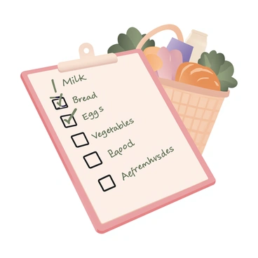 A digital flat illustration featuring a close-up of a grocery shopping list on a white notepad. The list is filled with neat handwriting in black ink, clearly displaying various items such as "milk," "bread," "eggs," and "vegetables." Each item has a corresponding checkbox next to it, with several boxes marked with checkmarks in green ink to indicate they have been completed. In the background, a woven shopping basket is partially visible, filled with fresh groceries including a loaf of bread, a carton of milk, and a bunch of leafy greens. The scene has a bright and organized atmosphere, emphasizing the completion of tasks in a shopping experience.