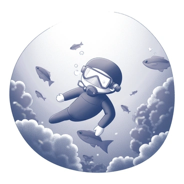 A child in a diving suit, with a clear face mask, is swimming underwater. The child is surrounded by various fish in different shapes and sizes, some are swimming in schools, while others are solitary. In the background, there are intricate coral reefs of various formations, with textures that suggest depth and detail. Sunlight penetrates the water, creating patterns of light and shadow, illuminating the scene. Bubbles are rising from the child's breathing apparatus, contributing to the lively underwater atmosphere.