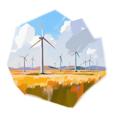 A vast field filled with numerous wind turbines, their blades spinning rapidly in the breeze. The turbines are arranged in a grid pattern, standing tall against a backdrop of a clear blue sky with a few fluffy white clouds. The grass below is lush and green, swaying gently in the wind. In the distance, a few rolling hills add depth to the landscape, enhancing the sense of openness and tranquility of the scene.