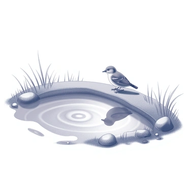 A small finch perched on the edge of a pond, its head slightly tilted as it gazes intently at its reflection in the water. The pond's surface is calm, with gentle ripples emanating outward from where the bird stands. Surrounding the pond are patches of grass and small rocks, creating a natural frame for the scene. The finch has distinct features such as a pointed beak and delicate feathers, adding to the detailed view of this moment in nature.