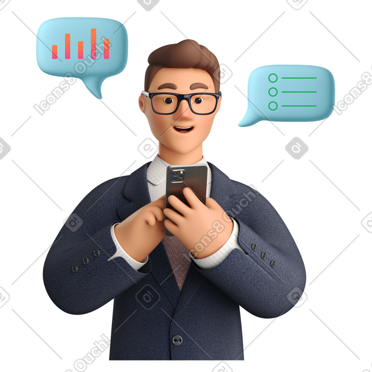 Uomo che controlla le statistiche aziendali sul telefono illustrazione in stile 3D Business scarica in PNG, SVG