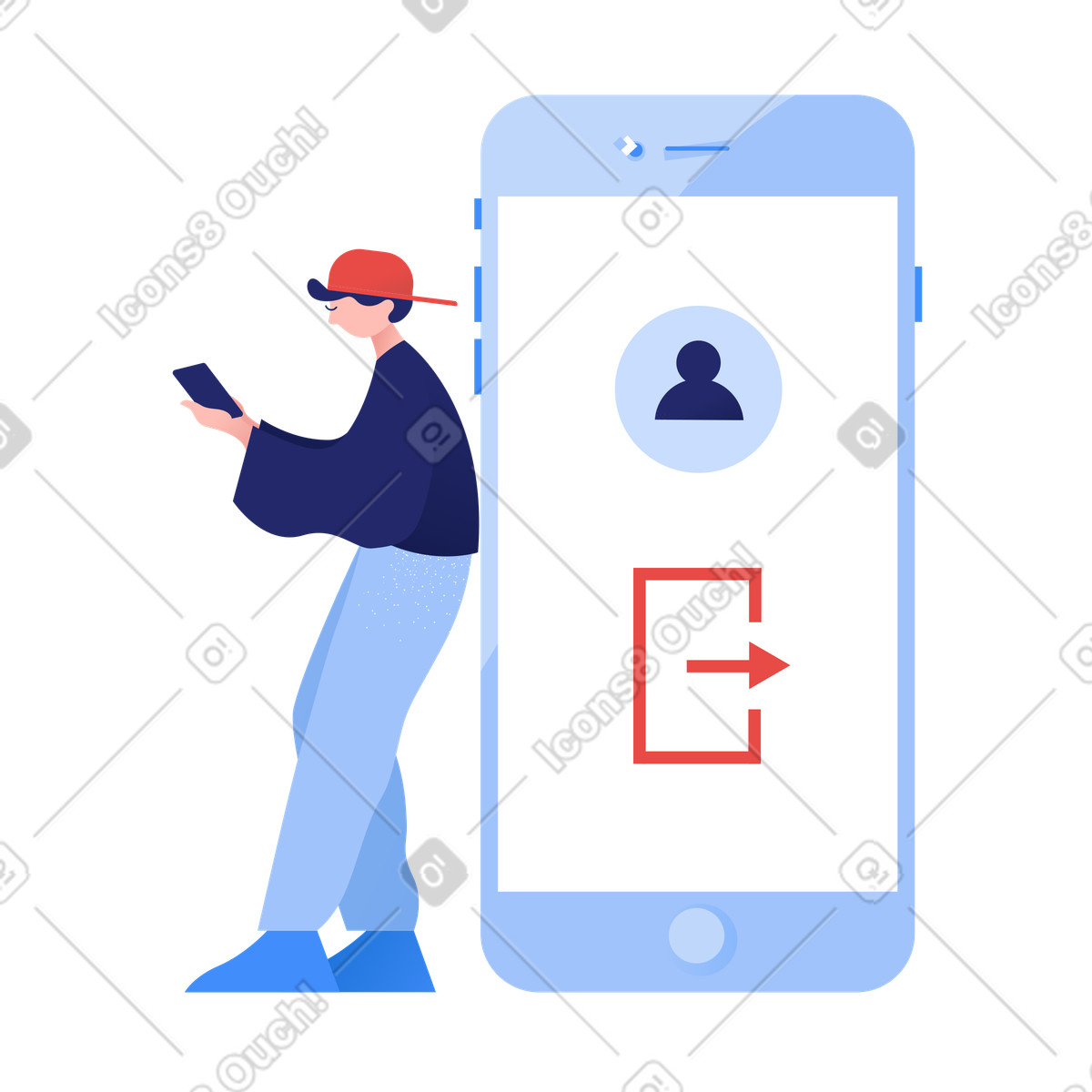 Man logging out of the account on phone illustration in Clip style download in PNG, SVG