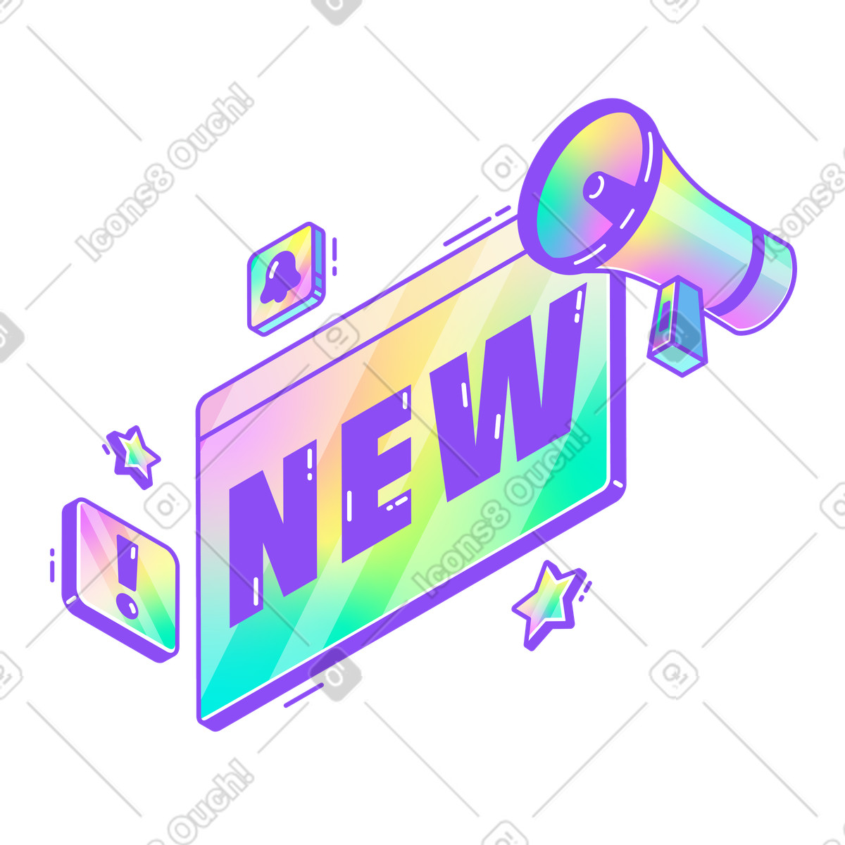 Ilustración Letras nuevas con megáfono, signo de exclamación y texto notificación en estilo Holographic a descargar en PNG SVG