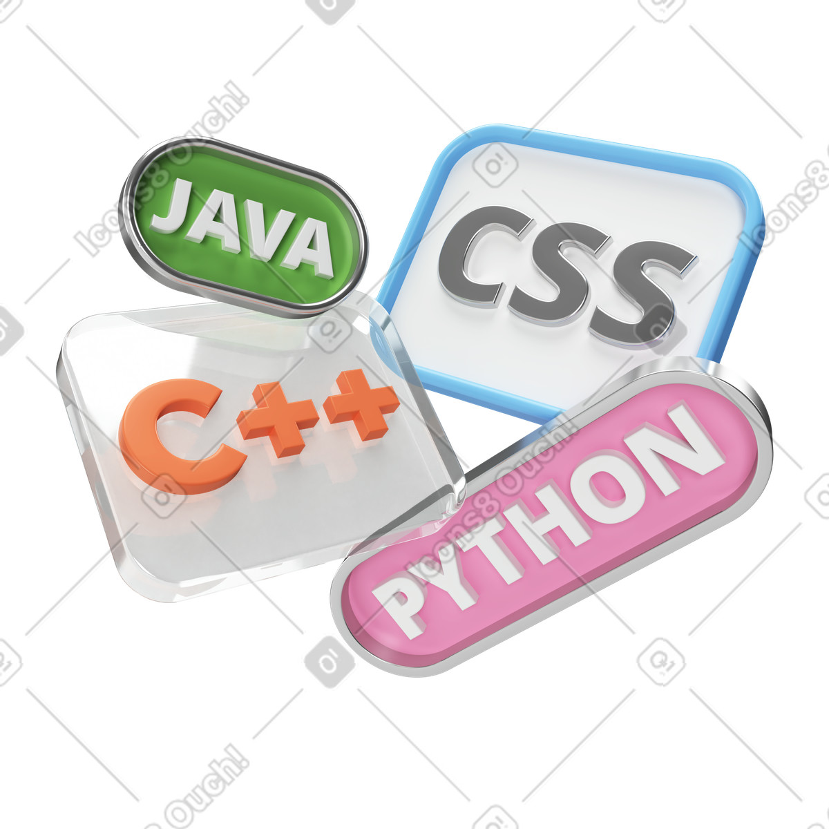 Programming languages: Java, C++, Python, CSS illustration in PNG, SVG