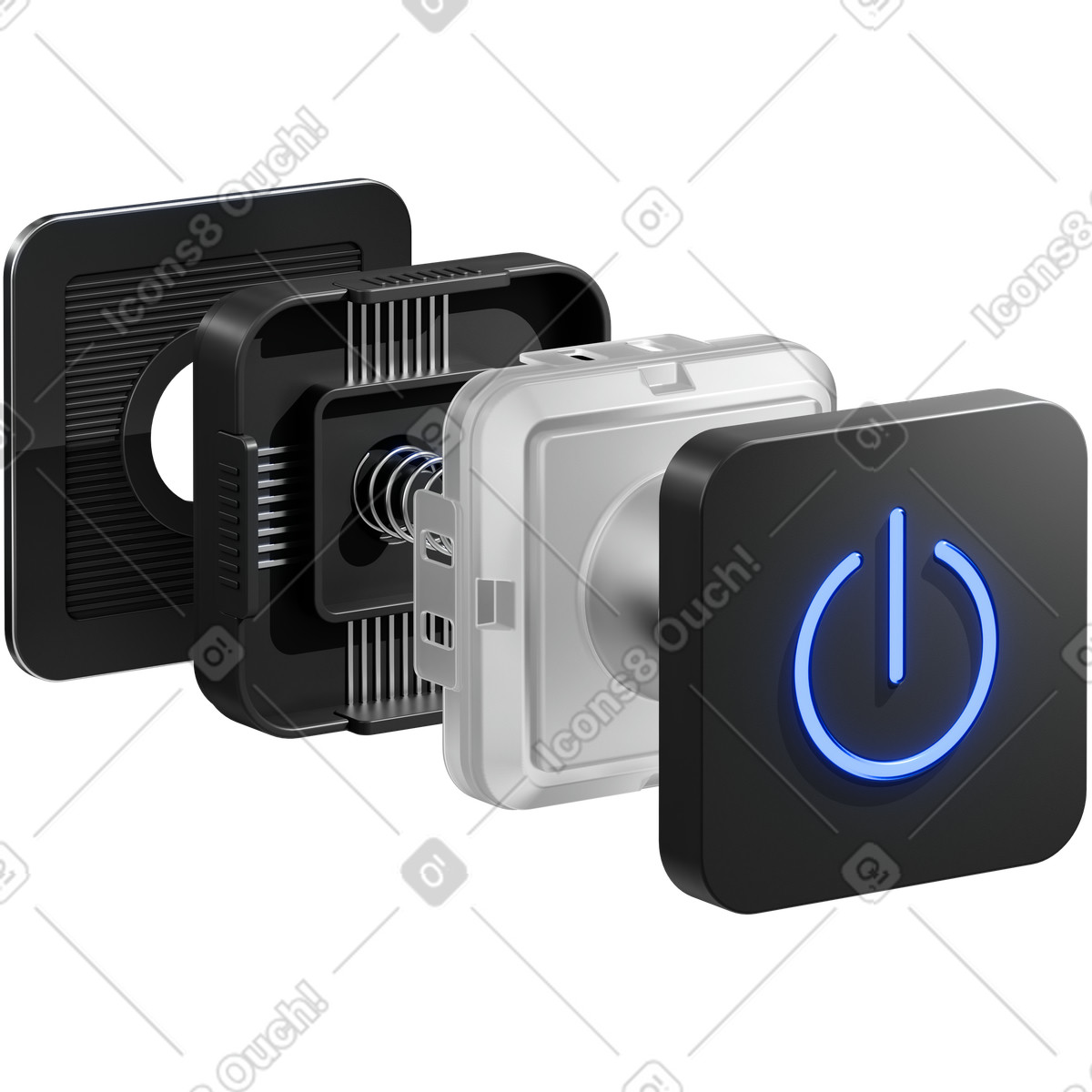 3D Metallic スタイルの Power button exploded view showing spring mechanism and housing layers のイラストをPNG、SVG形式でダウンロード