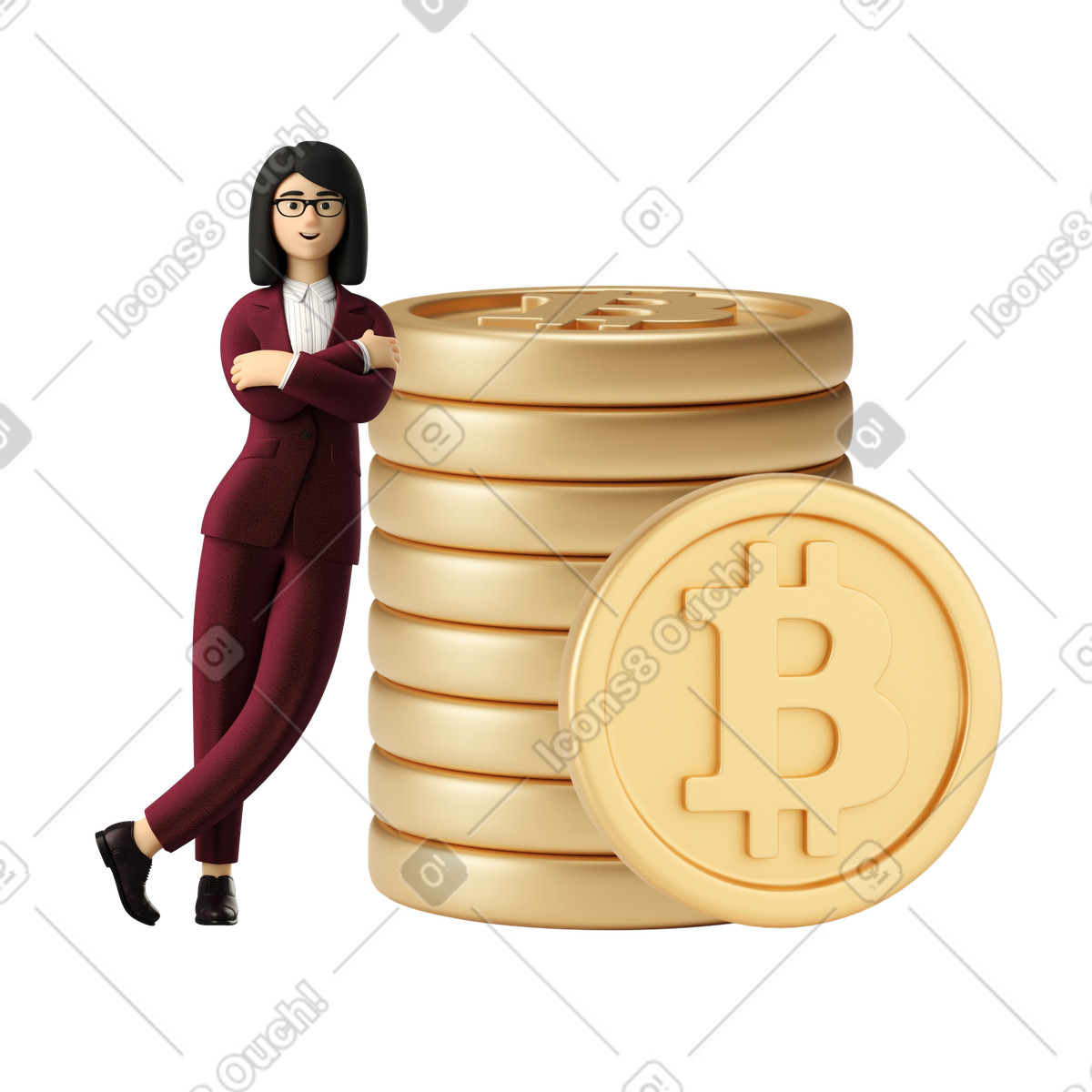 Ilustración Mujer asesora de bitcoin con traje rojo apoyada en un montón monedas estilo 3D Business a descargar PNG y SVG