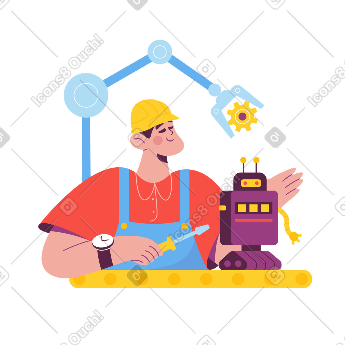 Illustration Ouvrier construisant un robot dans le style Sammy à télécharger aux formats PNG, SVG
