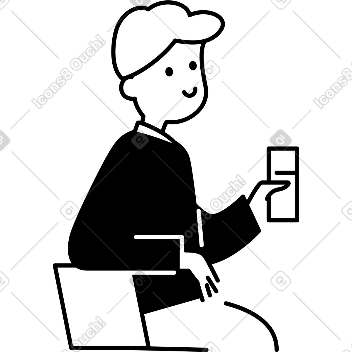 下载 Notion Line Art 风格的 Glass of beverage held by smiling character sitting on chair 插画，支持 PNG、SVG 格式