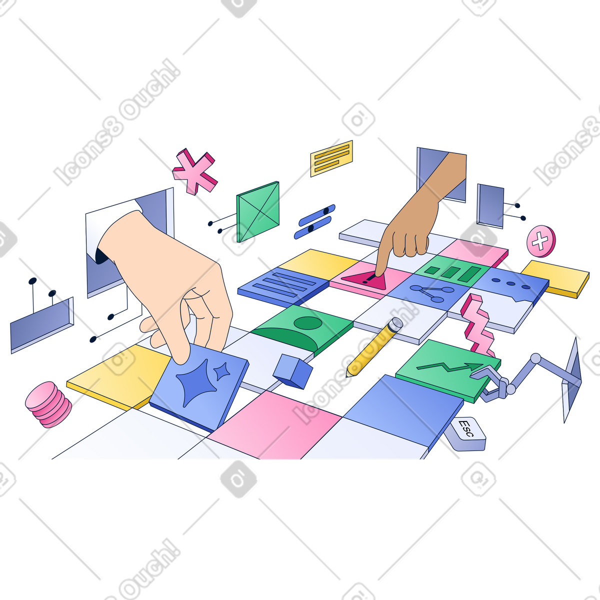 Collaborative workflow building with modular data widgets and AI integration illustration in Neat style download in PNG, SVG