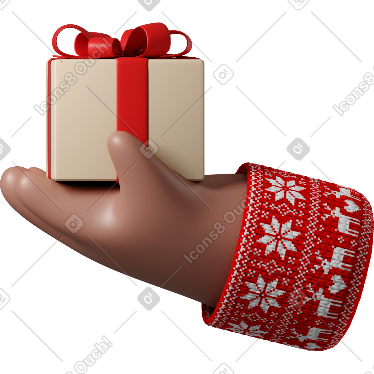 Illustration Main en peau brune pull rouge avec motif de noël tenant une boîte cadeau dans le style 3D Hands Fun&Wild à télécharger aux formats PNG, SVG