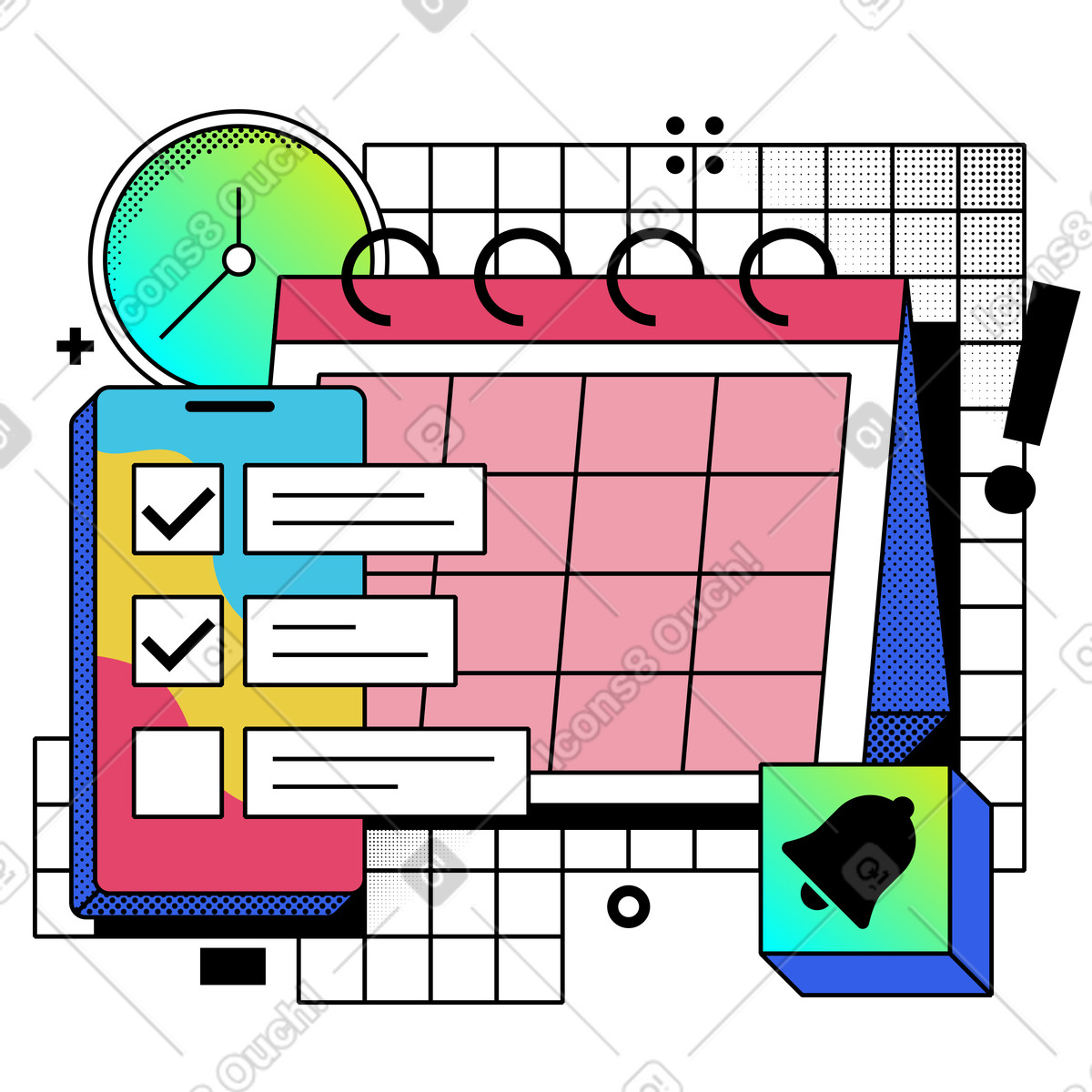 Иллюстрация Calendar and reminders for time management в стиле Memphis — скачать в форматах PNG, SVG