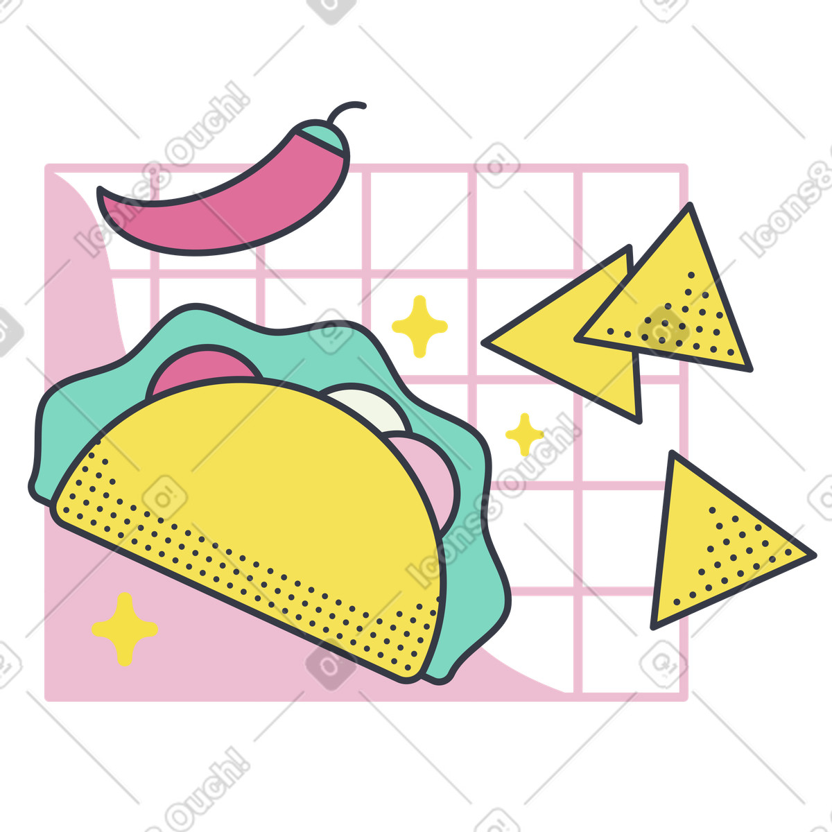 Ilustração de Cozinha mexicana. tacos, nachos queijo e pimenta malagueta em no estilo Abstract para baixar em PNG, SVG