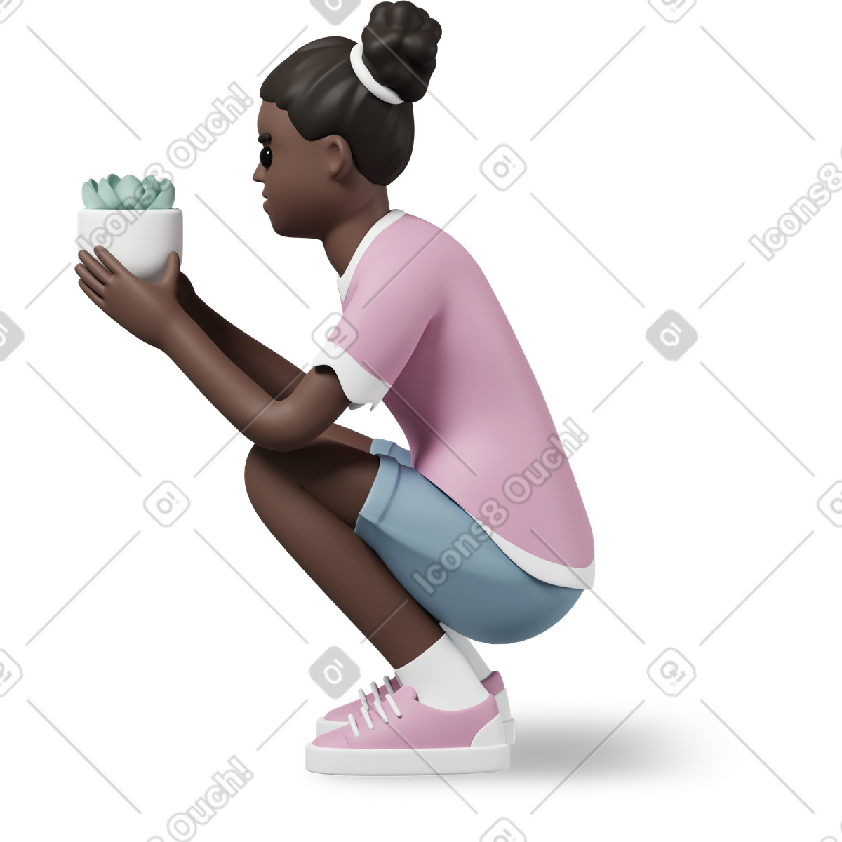 Illustration Fille assise avec une plante dans les mains le style 3D Casual life à télécharger aux formats PNG, SVG