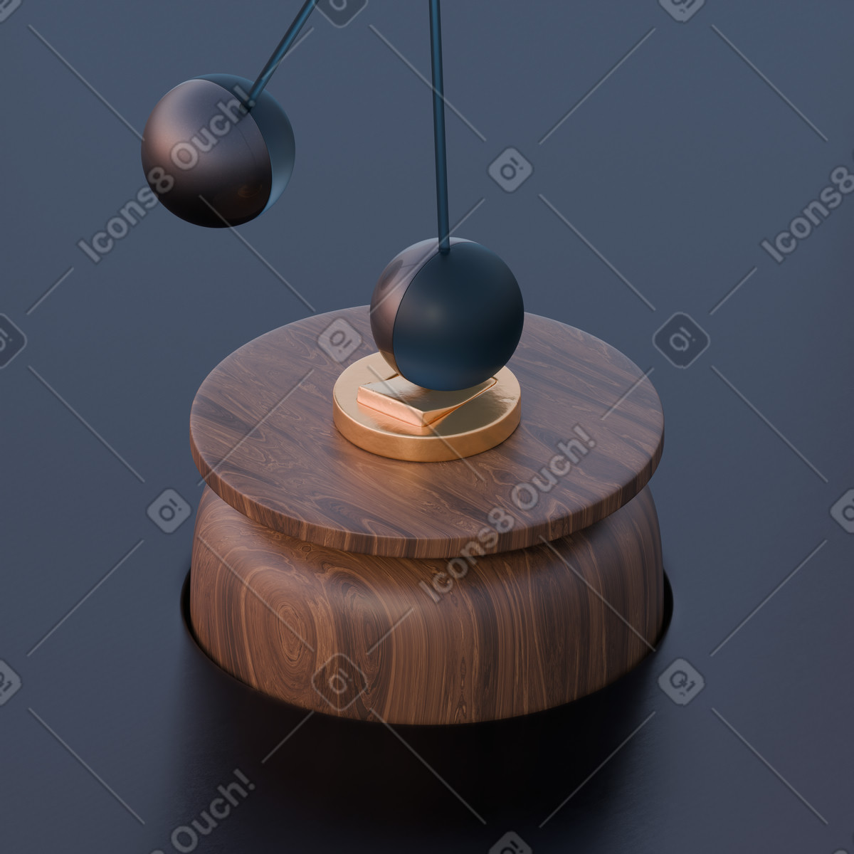 Illustration animée Pendule minimaliste avec plateforme en bois, équilibre et mouvement, dans le style 3D Luxe à télécharger aux formats GIF, Lottie (JSON), AE