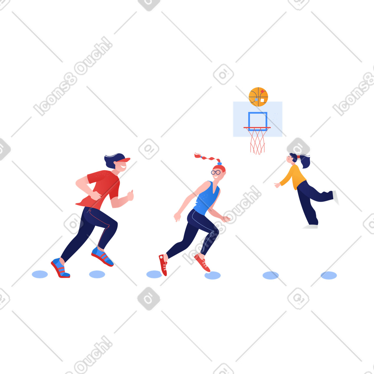 Illustration Un homme et une femme sprintent, fille joue activement au basket-ball dans le style Clip à télécharger aux formats PNG, SVG