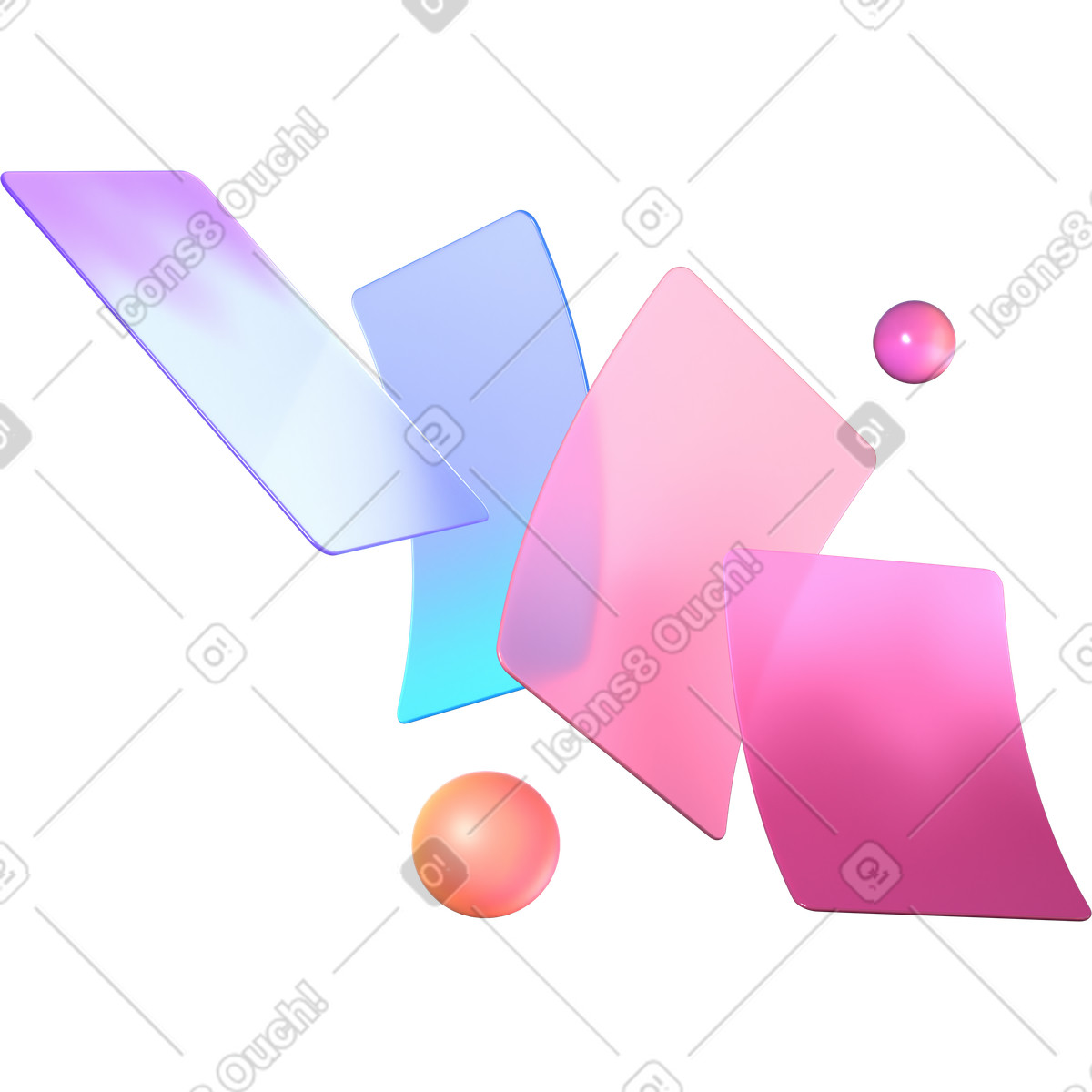 Illustration Cartes flottantes avec coins arrondis et sphères en verre dans le style 3D Glassy à télécharger aux formats PNG, SVG