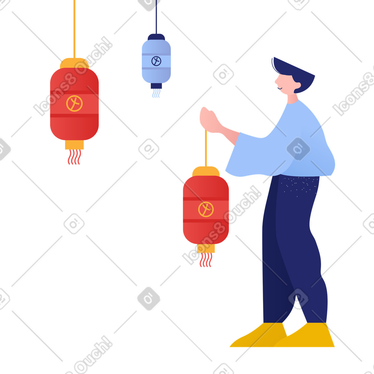 Uomo che appende lanterne cinesi per il capodanno illustrazione in stile Clip scarica in PNG, SVG