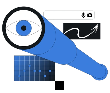 A blue telescope with various digital icons - Midnight style illustration
