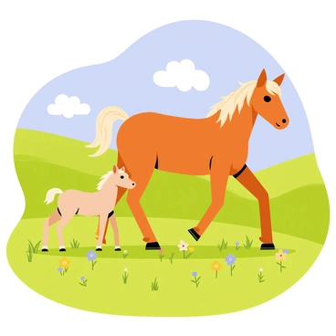 A light brown foal with a fluffy mane is taking its first steps in a vibrant green pasture. The foal is positioned beside its large, gentle mother, a chestnut mare with a glossy coat. Sunlight streams down, casting warm hues across the scene. Wildflowers in shades of yellow and purple dot the pasture, adding splashes of color. The sky above is a clear blue, with a few fluffy white clouds. In the background, there are rolling hills that enhance the sense of openness and tranquility.