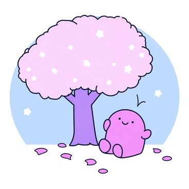 A small pink character is sitting peacefully beneath a cherry blossom tree. The tree is adorned with clusters of light pink flowers, and petals are gently falling around it, creating a soft carpet of pink on the ground. The character has round, cheerful cheeks and a simple facial expression that conveys contentment. The background features a clear blue sky, enhancing the tranquil atmosphere of the scene.