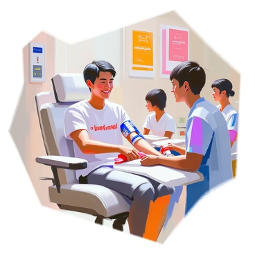 A cheerful person with medium skin and short dark hair is sitting in a comfortable chair at a blood donation center. They are smiling brightly while a healthcare worker is preparing to take their blood. The person is wearing a t-shirt with a supportive slogan on it, and a bandage is ready to be placed on their arm after the donation. Brightly colored posters promoting blood donation adorn the walls of the center, creating an inviting atmosphere. A few other individuals are visible in the background, also participating in the donation process.