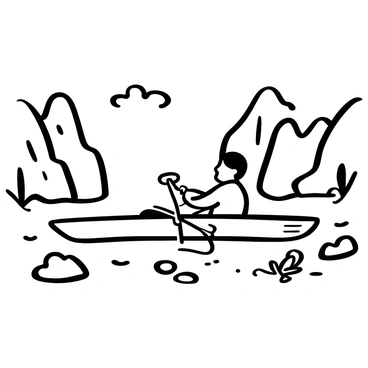 A Shugao figure, characterized by its long body and distinct pointed top, is positioned in a kayak navigating through a fast-flowing river. The river is surrounded by steep canyon walls with jagged rock formations on either side. Water splashes around the kayak as it moves swiftly through the currents. There are scattered pebbles and small boulders partially submerged in the river. The sky above shows a few wispy clouds, framing the rugged landscape.