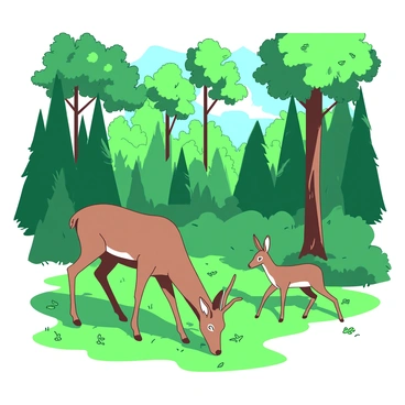 A green temperate forest filled with tall deciduous trees that have vibrant green leaves. Sunlight filters through the canopy, casting dappled shadows on the forest floor. Roaming in the foreground, a brown deer with a sleek coat grazes on the grass. Nearby, another deer looks curiously, its ears perked up, while a few fallen leaves scatter around. The background features a mix of trees, their trunks standing strong and straight, contributing to the lush atmosphere of the ecosystem.
