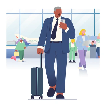 A business professional with medium skin is standing in an airport terminal. They are wearing a tailored navy blue suit and a crisp white shirt, with a dark tie. In their left hand, they are holding a sleek black suitcase with wheels. In the right hand, they are gripping a silver laptop and a smartphone. The terminal is bustling with people in the background, and there are large windows showing an airplane on the tarmac outside. The professional has a focused expression as they glance at their phone while preparing to move forward.